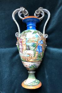 Majolica vase with historical decoration, Molaroni manufacture, Pesaro.