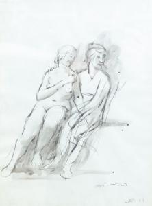 Inchiostro acquerellato su carta, “Studio per le due sorelle”, di Giacomo Manzù, firmato, 1943, Watercolor ink on paper, "Study for the two sisters," by Giacomo Manzù, signed, 1943