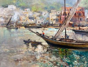 Guido Odierna, "Port of Capri" oil on canvas, signed, 20th century