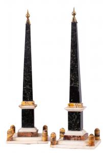 Rome, 18th Century, Pair of obelisks. Polychrome marbles with base structure and crown of lanceolate leaflets.