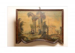 Capriccio del '700 su tavola con figure caricaturali e cornice sagomata