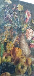 Dipinto ad olio su tela del XIX secolo, vaso di frutta con fiori - Foto 8