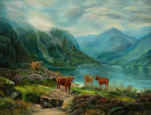 Lilian Harrison (British, fine XIX - inizio XX secolo) - Tori delle Highlands in un paesaggio lacustre.
