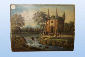 Antico piccolo dipinto olio su tavoletta inglese del 1800 castello con personaggi