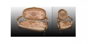 6-piece living room set, 4 armchairs, 1 sofa and 1 Louis XVI coffee table from the 1800s, gilded with gold leaf.