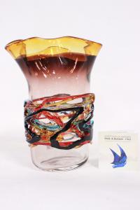 Vaso in vetro di Murano con bordo giallo originale firmato
