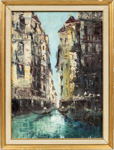 Venetian painter (early 20th century) - View of Venice with canal and gondolas.