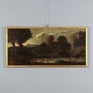 Dipinto Paesaggio con Edifici e Bagnanti