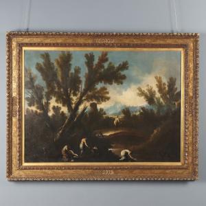 Flusslandschaftsmalerei mit Figuren