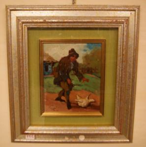Pequeno quadro antigo de 1800, óleo sobre tela, retratando um "Ladrão de Aves".