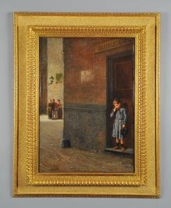 Antonio Varni, Mädchen verlässt die Schule, Öl auf Leinwand, signiert und datiert 1907
