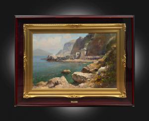 Antique oil on canvas painting depicting the bay of Capri signed "Valentino White". Naples 20th century.