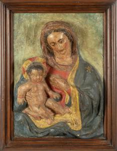 Madonna con Bambino, altorilievo in papier-maché dipinto in policromia, secolo XVIII