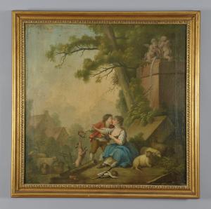 Scena romantica, olio su tela, scuola francese secolo XVIII