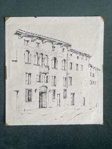 Sete (de treze) desenhos arquitetônicos em tinta da china. Assinatura: Pino di Pace.