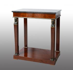Antique Egyptian Revival console table in mahogany feather with Belgian black marble top. France, 19th century.