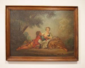 Antico quadro francese del 1800 olio su tela raffigurante scena galante