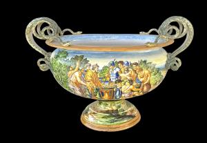 Large majolica vase decorated with a historical scene. Molaroni. Pesaro.