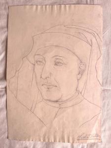 Desenho a lápis sobre papel, rosto de jovem renascentista. Arturo Pietra. Bolonha.