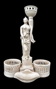 Oliera in terraglia con presa a forma di figura neoclassica.Manifattura veneta.
