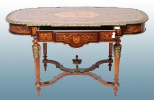 Louis XVI style living room table from the 1800s, richly inlaid with bronzes