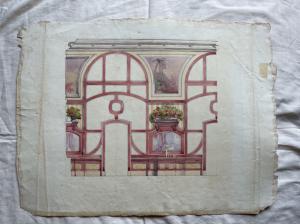 Desenho aquarelado retratando vitrais e interiores. (Arquivo Arturo Pietra, Bolonha).