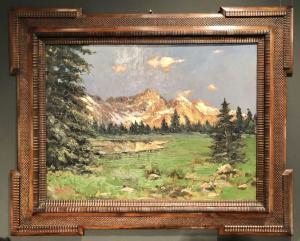 Pintura a óleo sobre madeira de Umberto Montini retratando paisagem de montanha. (Milão 1897-Busto Arsizio 1978).