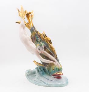 Ceramic statue by Arturo Pannunzio, "Mermaid with fish," Bertolotti Milan, 1940s