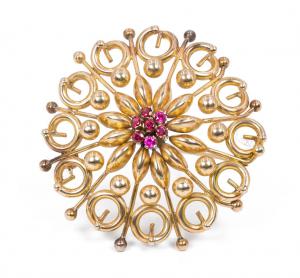 Vintage brooch in 18k gold and fuchsia stones, 1950s