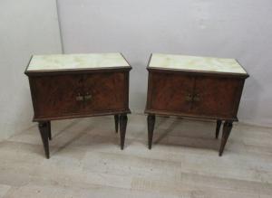 Pair of vintage walnut bedside tables - 50s 60s - modern antiques - faux onyx top