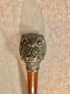 Cane with metal knob depicting a Bulldog head. Malacca shaft.