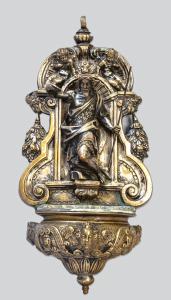 Acquasantiera in bronzo argentato, al centro altorilievo raffigurante San Giovanni. Roma fine secolo XVI