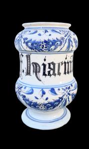 Albarello vase in majolica with turquoise decoration. Manardi Manufacture. Bassano.