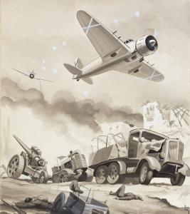 Acquarello su carta, di Luciano Bonacini, “I bombardamenti”, firmato, Anni '30/'40, Watercolor on paper, by Luciano Bonacini, "I bombardamenti," signed, 1930s/'40s