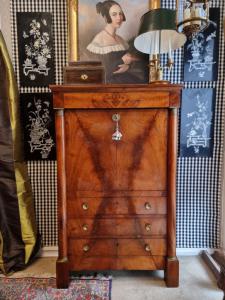 Elegant Empire secretaire veneered in walnut burl on solid walnut.