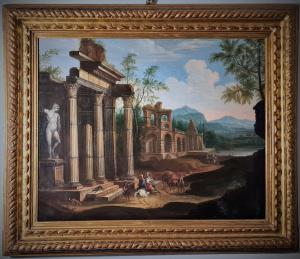 121) Seguace di Ddomenico Gargiullo "Capriccio architettonico con figure"
