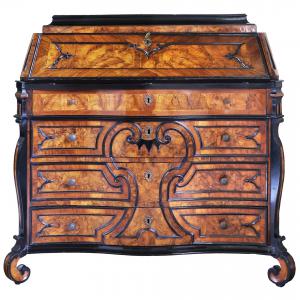 Walnut burl and wood bombé secretary desk with ebonized frames. Lombardy, 18th century