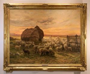 Paesaggio al tramonto con gregge al pascolo, Charles Ferdinand Ceramano (Thielt 1829 – Barbizon 1909 )