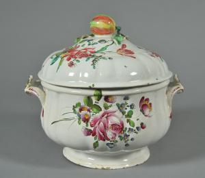 Large majolica soup tureen decorated with polychrome flowers on a white background, Hannong manufacture, 18th century.