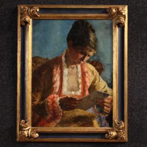 Tableau français, Portrait d'une femme avec une lettre, daté de 1979