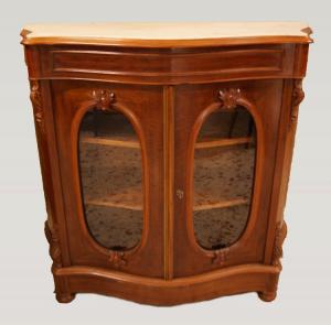 Vitrine antiga francesa de mogno do século XIX, estilo Luís Filipe, com tampo de mármore