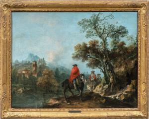 Francesco Zuccarelli (Pitigliano 1702 – Firenze 1788) - Paesaggio fluviale con cavalieri e borgo medievale. 