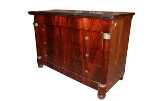 Cassettone Comò Stile Impero In Legno Di Mogano E Piuma Di Mogano Con Bronzi XIX secolo
