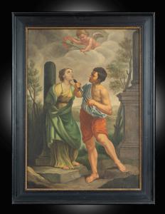Dipinto antico olio su tela raffigurante il Martirio di Santa Apollonia. Periodo XVIII secolo.