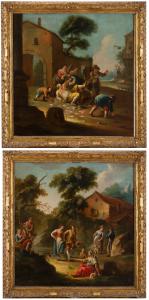 Giovanni Michele Graneri, coppia di Scene animate, olio su tela in cornice dorata