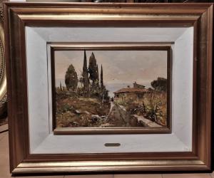 Gianfranco Curandai "Paesaggio con sentiero e casolare". Dipinto ad olio su tavoletta"