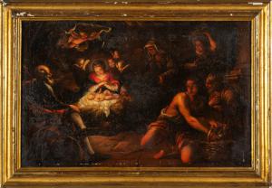 Giovanni Battista Merano (Genova 1632 Piacenza 1698), L’adorazione dei pastori, olio su tela in cornice coeva in legno dorato