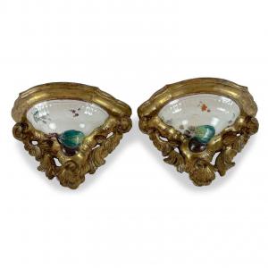 Pair of Antique Gilded Shelves with 18th-Century Majolica