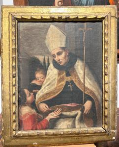 Saint Thomas de Villeneuve faisant l'aumône, fin XVIIe - début XVIIIe siècle. Cadre d'époque.