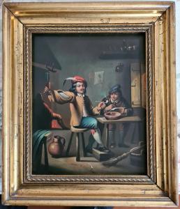 18. Seguidor de David Teniers, par de pinturas "Interiores de taverna com personagens"